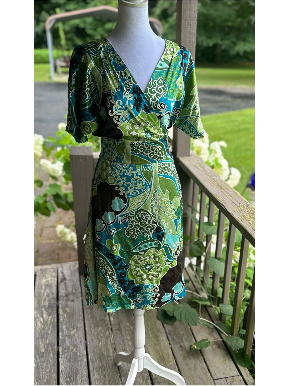 Banana Republic Silk Green and Teal Floral Wrap Midi Dress Size 10